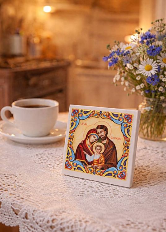 Obrazek Święta Rodzina ceramika reliefowa 12x12 cm fars.it na kuchennym stole metalowa nóżka