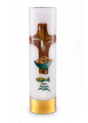 Świeca ołtarzowa biała parafinowa 8x30 cm wkład olejowy ręcznie zdobiona krzyż ryby chleby polska pracownia