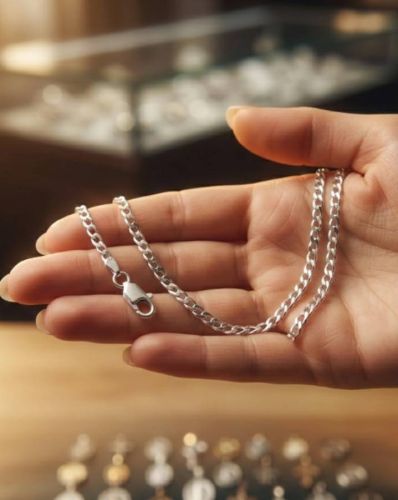 łańcuszek srebrny pancerka diamentowana 0,7 mm próba 925 na dłoni kobiety, e-religijne.pl