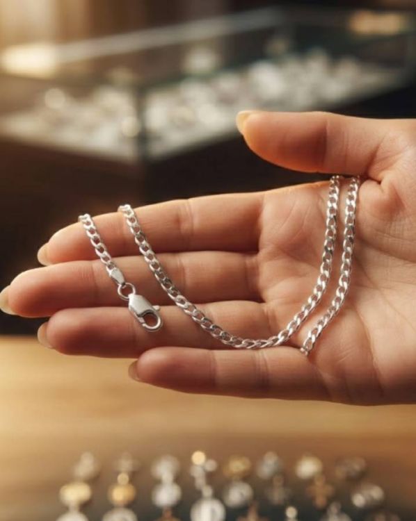 łańcuszek srebrny pancerka diamentowana 0,7 mm próba 925 na dłoni kobiety, e-religijne.pl