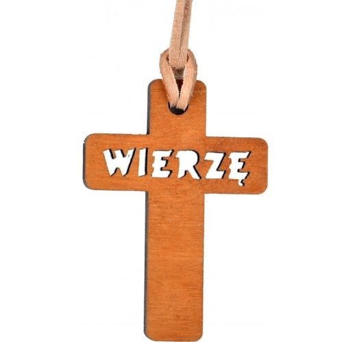 Krzyżyk na szyję drewniany wycięty z rzemykiem nr.9