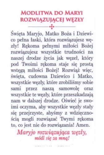 Obrazek z modlitwą do Matki Bożej Rozwiązującej Węzły - plastikowa karta 5 x 8,5 cm sklep chrześcijańska księgarnia internetowa
