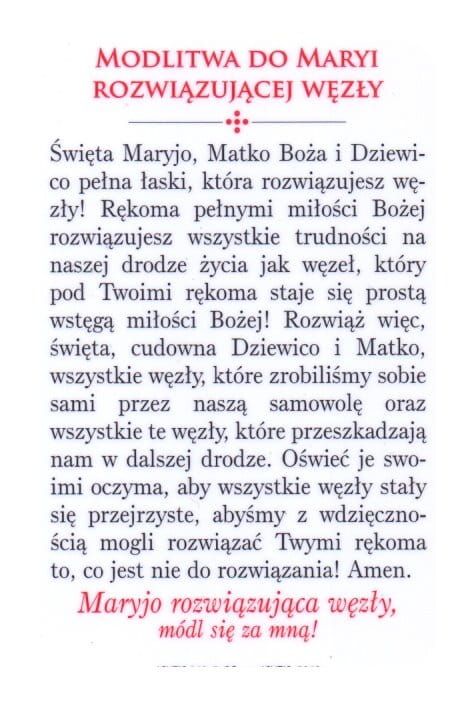Obrazek z modlitwą do Matki Bożej Rozwiązującej Węzły - plastikowa karta 5 x 8,5 cm sklep chrześcijańska księgarnia internetowa