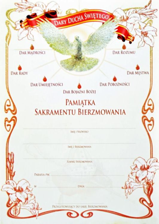 Czerwony dyplom pamiątkowy Sakramentu Bierzmowania z wizerunkiem Ducha Świętego i symbolami siedmiu darów | pomoce duszpasterskie