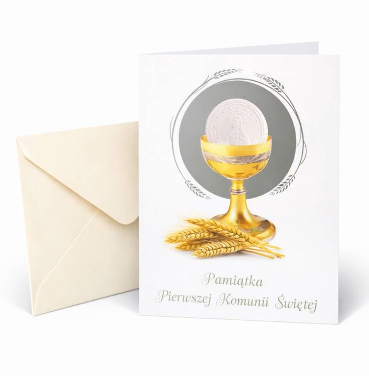 Pamiątka Pierwszej Komunii Świętej Eucharystia autostrada do nieba 10x15 cm Edycja Świętego Pawła srebrna koperta.