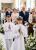 świeca liturgiczna I Komunia Święta procesja z darami aplikacja eucharystyczna woskowa kielich JHS winogrona kłosy pszenicy 7,5x20 cm biała