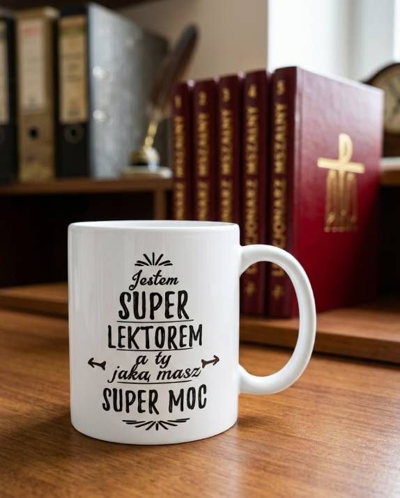 kubek lektora ceramiczny 360 ml napis Jestem Super Lektorem na tle lekcjonarzy e-religijne.pl