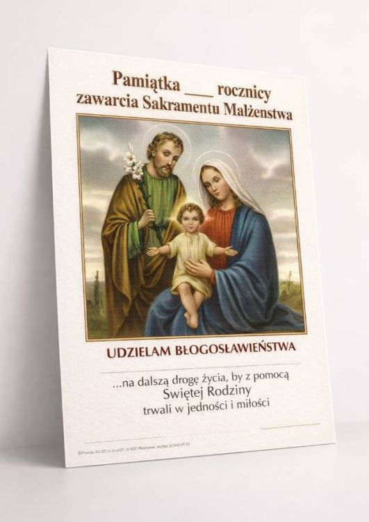 Dyplom pamiątkowy rocznica zawarcia Sakramentu Małżeństwa format A5 papier kredowy matowy wizerunek Świętej Rodziny błogosławieństwo kapłańskie