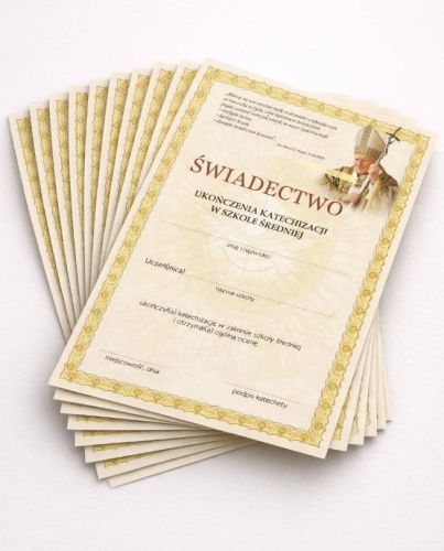 Świadectwo ukończenia katechizacji w szkole średniej pakiet 10 sztuk format A5 złoto-kremowa ramka certyfikatu zdjęcie Jana Pawła II