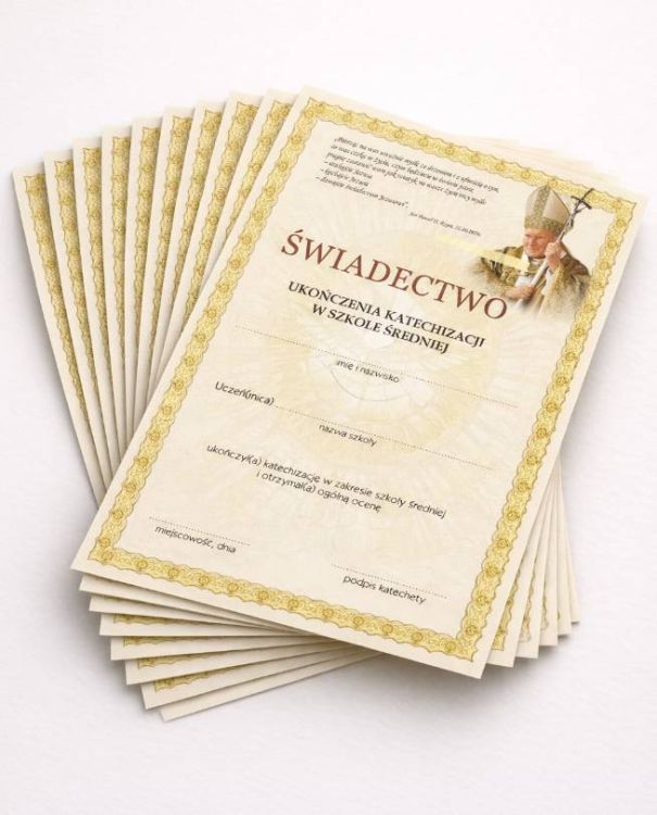 Świadectwo ukończenia katechizacji w szkole średniej pakiet 10 sztuk format A5 złoto-kremowa ramka certyfikatu zdjęcie Jana Pawła II