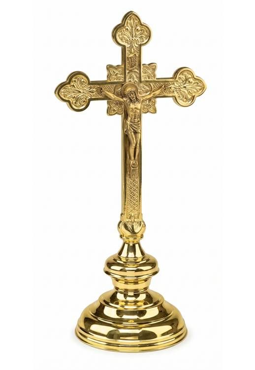 Krzyż ołtarzowy stojący 52 cm złoto połysk powłoka galwaniczna stop cynku podstawa mosiężna trójliście gotyckie e-religijne.pl
