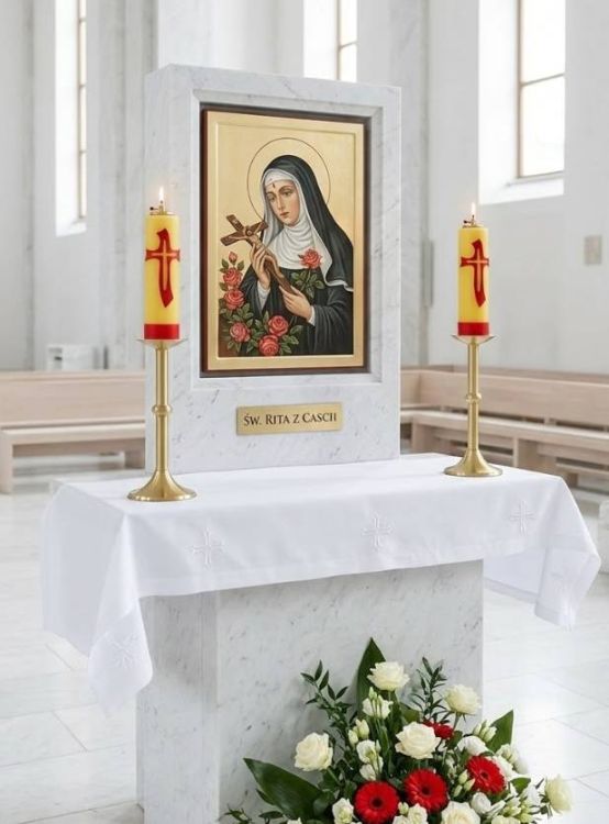 świeca ołtarzowa olejowa żółta z krzyżem czerwonym 30 cm na ołtarzu bocznym przy obrazie świętej Rity z Cascii