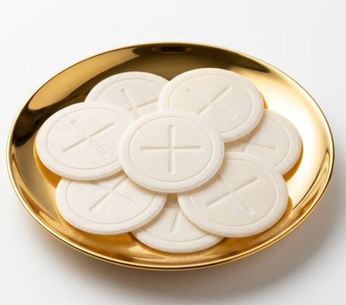 Komunikanty zaciskane 35 mm ułożone na złotej patenie liturgicznej, skład mąka pszenna i woda, do celebracji Eucharystii