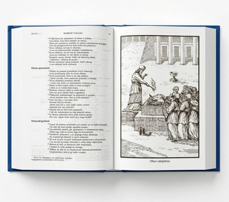Pismo Święte Starego i Nowego Testamentu Biblia Papieska Pallottinum wnętrze rozkładówka duża czcionka rycina Ołtarz całopalenia format A4