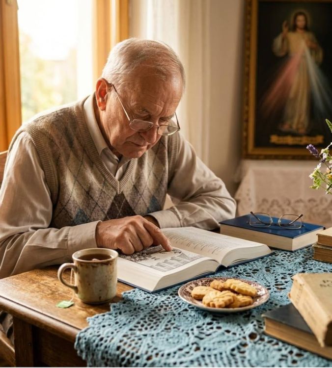 Pismo Święte Starego i Nowego Testamentu Biblia Papieska duża czcionka format A4 Pallottinum czytana przez seniora przy oknie