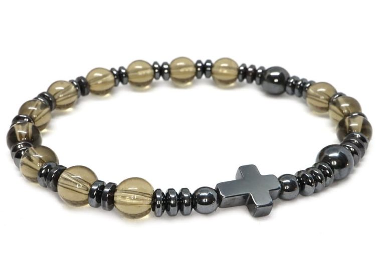 bransoletka dziesiątka różańca szkło kryształowe dymne hematyt krzyż 6 mm gumka silikonowa e-religijne.pl