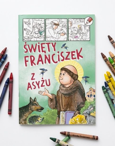 kolorowanka religijna Święty Franciszek z Asyżu okładka kredki świecowe dzieci katecheza e-religijne.pl