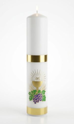 świeca ołtarzowa samospalająca naklejka eucharystyczna IHS kielich 30 cm średnica 7,5 cm parafina liturgiczna złote opaski
