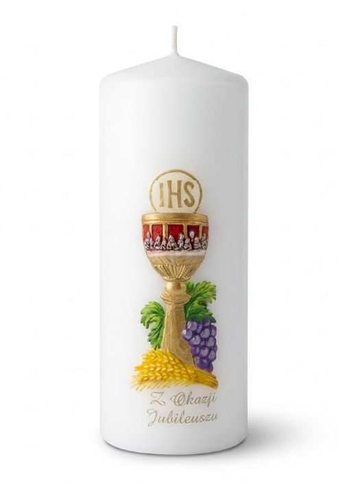 świeca jubileuszowa z okazji jubileuszu aplikacja woskowa kielich ostatnia wieczerza IHS 30cm Ø60mm parafina otwór pod świecznik