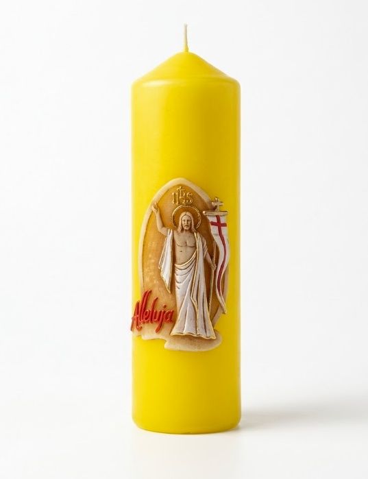 świeca wielkanocna alleluja aplikacja woskowa Chrystus Zmartwychwstały żółta Ø50mm 21cm otwór pod świecznik