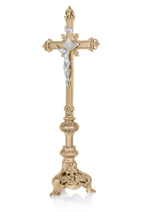 Krzyż ołtarzowy mosiężny 74 cm, odlew mosiężny, podstawa ażurowa barokowa trójnożna, corpus srebrny, kod CF-1002-75, e-religijne.pl