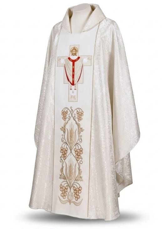 ornat biały haftowany Chrystus Najwyższy Kapłan ASGA Kierlikówka — złoty haft kielich kłosy winogrona — zestaw ze stułą