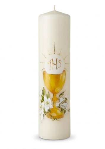 świeca komunijna ręcznie malowana biała, producent Dubik Świece Małopolska, utwardzana parafina 30 cm średnica 7,2 cm, złocisty kielich hostia JHS białe lilie złocone promienie, otwór montażowy