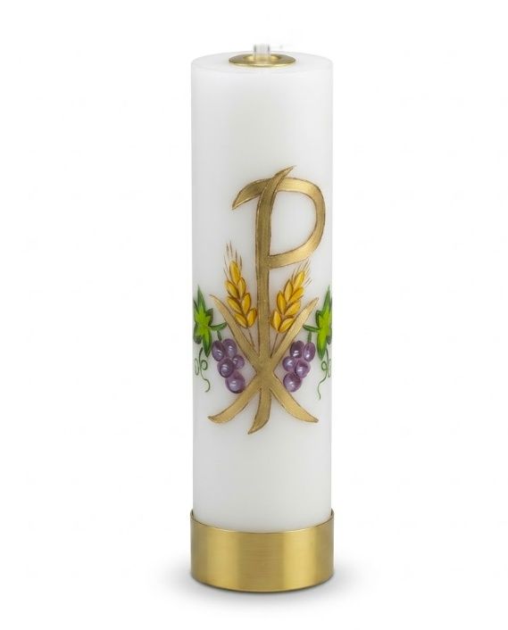 świeca na wkład olejowy ręcznie malowana chrystogram PX kłosy pszenicy winogrona winorośl złocone, biała parafina wysokość 30 cm średnica 8 cm, złota listwa podstawa, mosiężny regulator wkładu