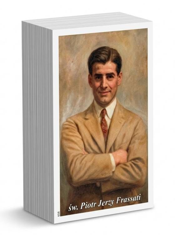 Obrazek dewocjonalny św. Piotra Jerzego Frassatiego 6,5x9 cm, portret na awersie, modlitwa wstawiennicza na rewersie, paczka 100 sztuk, karton dewocjonalny