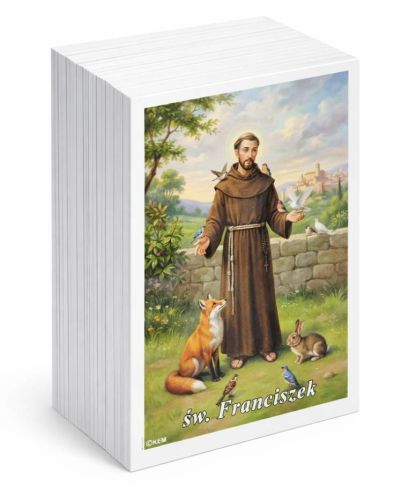 Obrazki święte św. Franciszka z Asyżu 6,5x9 cm, portret ze zwierzętami na awersie, biogram i modlitwa na rewersie, paczka 100 sztuk