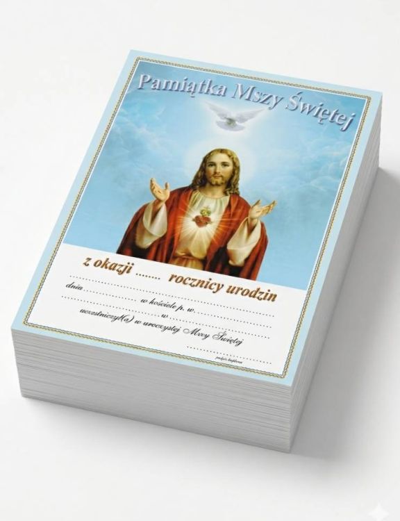 Pamiątka Mszy Świętej z okazji urodzin, pakiet 50 sztuk, format 15 x 21 cm, karton offsetowy, wizerunek Najświętszego Serca Pana Jezusa, dyplom dla parafii