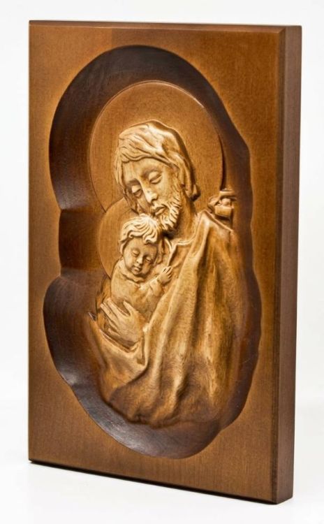 Płaskorzeźba z drewna lipowego święty Józef z Dzieciątkiem Jezus – polskie rzemiosło 26x17x2,5 cm bejcowana lakierowana