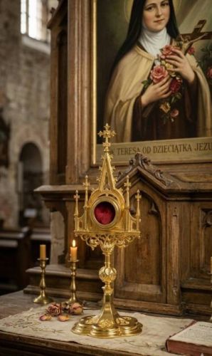Relikwiarz gotycki złocony Calix wystawiony na mensie ołtarzowej w kościele, w tle obraz św. Teresy od Dzieciątka Jezus