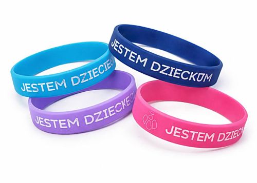 opaska silikonowa Jestem Dzieckiem Bożym cztery kolory różowy fioletowy niebieski granatowy chrześcijańska dla dzieci