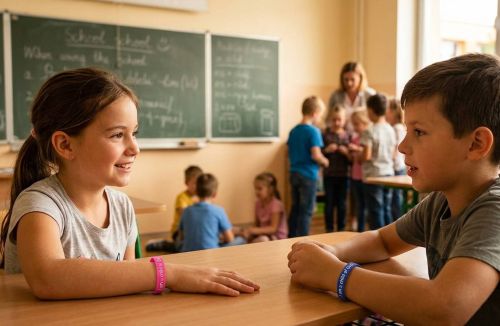 opaska silikonowa dla dzieci Jestem Dzieckiem Bożym różowa niebieska na nadgarstku w szkole