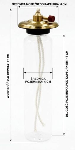 wkład olejowy do świecy liturgicznej szklany średnica 4 cm wysokość 20 cm mosiężny kapturek 6 cm z regulacją knota wymiary