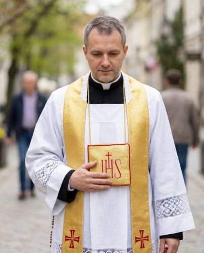 kapłan niosący bursę do chorych na piersiach komża stuła złota bursa haftowana IHS Komunia święta chorych