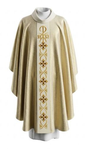 Ornat złoty uroczysty z haftowanym chrystogramem PX Alfa Omega Alba Antkowiak szata liturgiczna