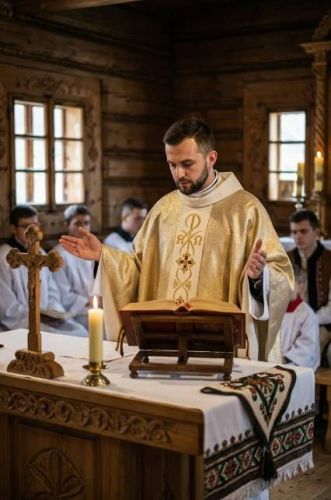 Ornat złoty z chrystogramem PX podczas liturgii kapłan przy ołtarzu szata uroczystna Alba Antkowiak