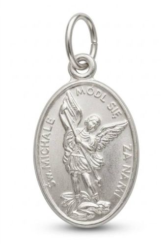 Medalik srebrny św. Michał Archanioł próba 925 awers z inskrypcją Módl się za nami