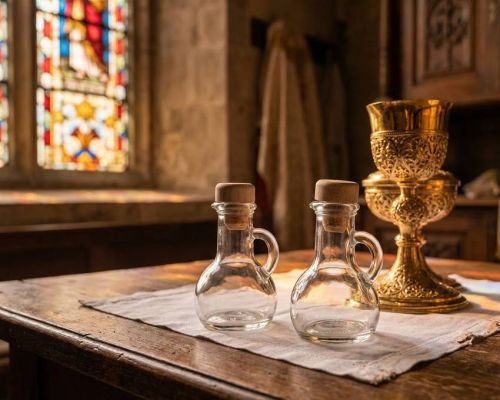 Ampułki liturgiczne szklane z korkiem bukowym na stole w zakrystii obok kielicha mszalnego zdjęcie poglądowe