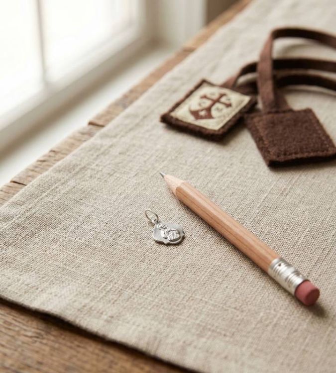 medalik szkaplerzny srebrny koniczynka obok szkaplerza karmelitańskiego materiałowego porównanie wielkości