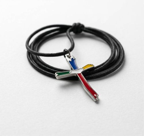 krzyżyk misyjny emaliowany 4 kolory kontynentów metal srebrny sznurek woskowany pamiątka bierzmowania 2,5 cm