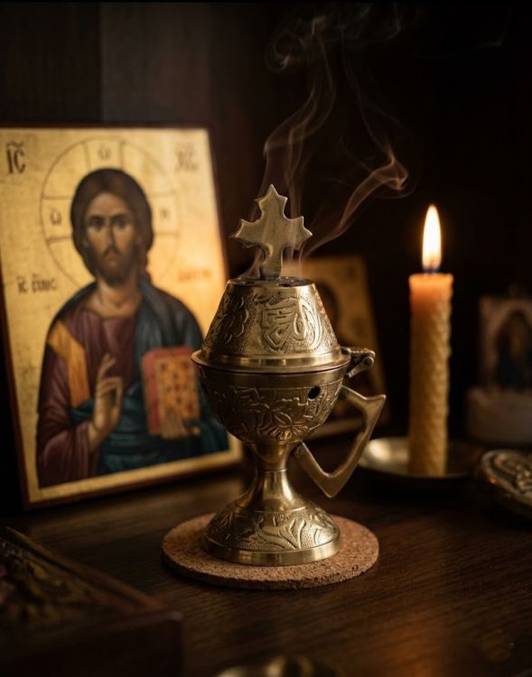 Kadzielnica bizantyjska mosiężna domowa na korkowej podstawce – dymiąca obok ikony Chrystusa Pantokratora i świecy z wosku pszczelego