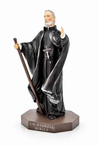 Figura Świętego Andrzeja Boboli w stroju jezuickim, z laską, w geście kaznodziei, wysokość 21 cm.