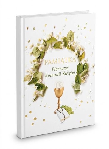 Biały album Pamiątka Pierwszej Komunii Świętej w twardej oprawie, ozdobiony wiankiem, złotym kielichem z hostią i różańcem