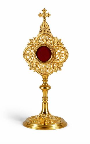 Relikwiarz złocony Calix 0523 mosiądz galwaniczne złocenie 24-karatowe wysokość 33 cm kapsułka szklana 3,5 cm