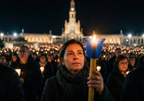Nabożeństwo fatimskie procesja ze świecami osłonka niebieska Sanktuarium Fatima