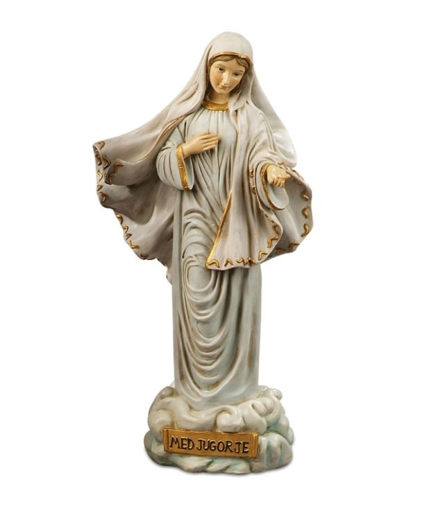 Figurka Matki Bożej Królowej Pokoju z Medjugorje 12 cm żywica biała szata błękitny płaszcz złocenia