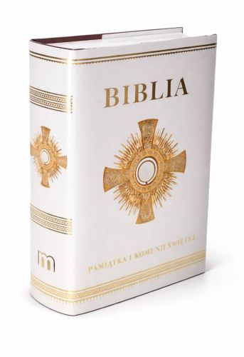 Biblia Edukacyjna w białej obwolucie komunijnej z monstrancją – Pamiątka I Komunii Świętej